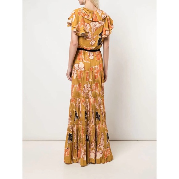 Johanna Ortiz Whiskey Sour Golden Blossom Velvet Trim Pleated Maxi Dress - Picture 3 of 15